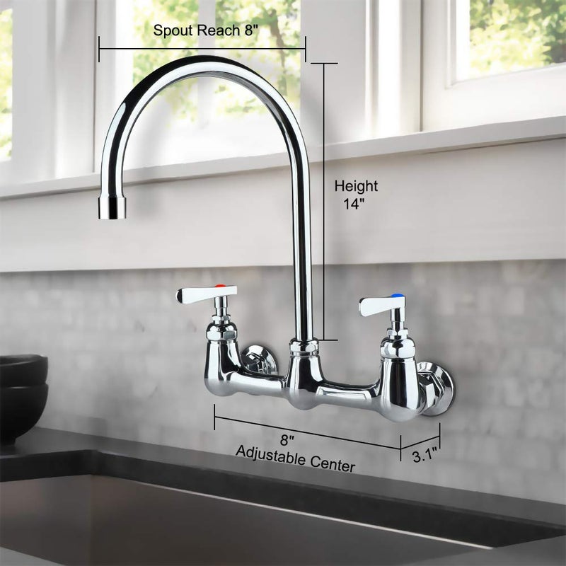 COOLWEST Commercial Wall Mount Faucet 8 Inch Center with 8" Gooseneck Swivel Spout, 2 Handles Heavy Duty Brass Kitchen Sink Faucet, Chrome Finish - Image 2